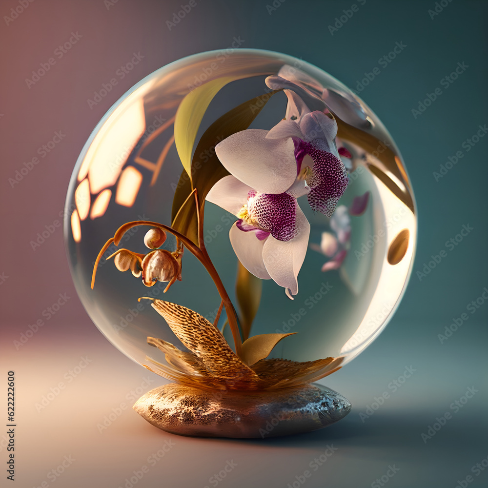 Crystal sphere with orchids in it