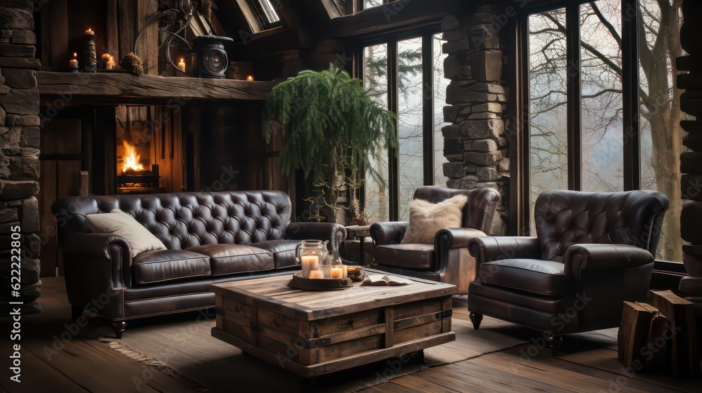 Mountain Retreat Embracing Nature's Charm with Log Furniture, Animal-Inspired Decor, and Warm Lighting