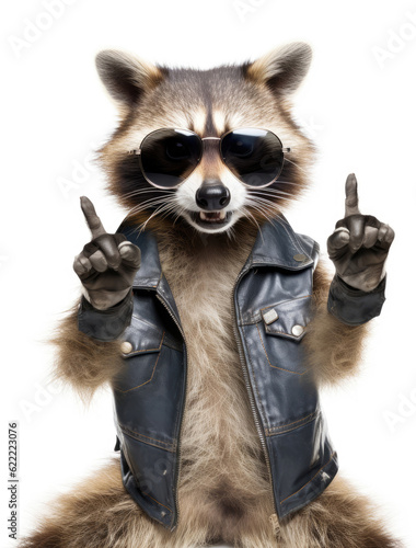 Funny raccoon in sunglasses showing a rock gesture