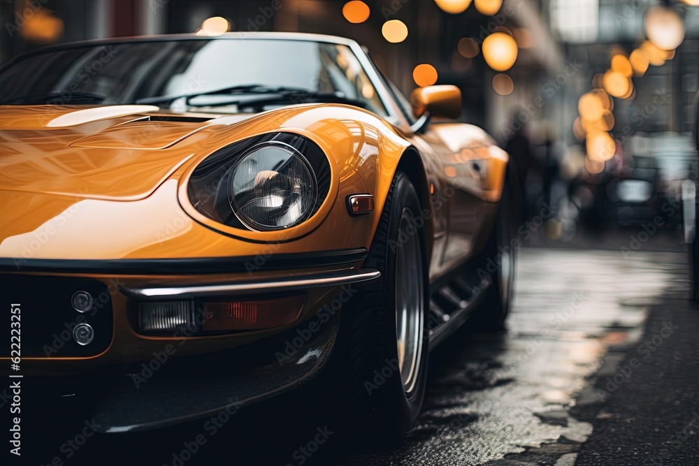 Φωτογραφία Yellow Sports Car Parked on Wet Road - Epic Cinematic Photo with Retro Colors