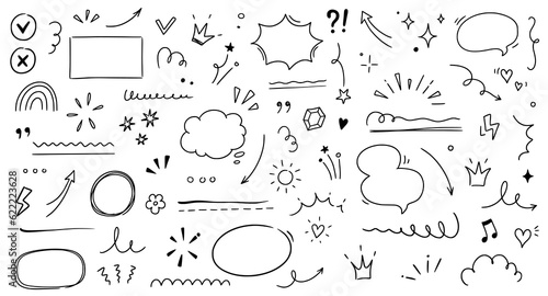 Hand drawn line highlight, speech bubble, brush underline. Text emphasis, star sparkle, pencil underline elements. Hand drawn sketch cloud speech bubble, arrow, emphasis. Vector illustration.