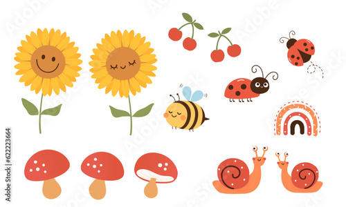 Sunflower, bee cartoon, ladybug, snail, mushroom, rainbow and cherry icon set isolated on white background vector illustration.