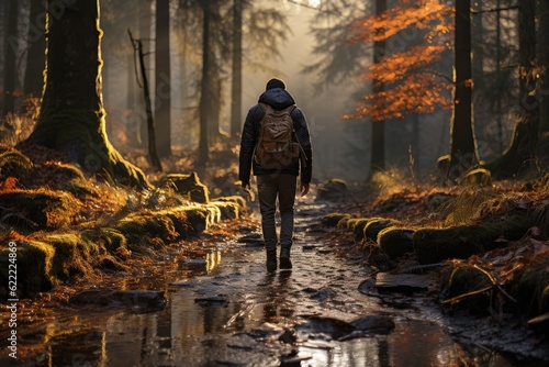 Whispers of Nature's Symphony: An Enigmatic Hiker's Silhouette Ventures through a Sun-Drenched Forest Generative AI