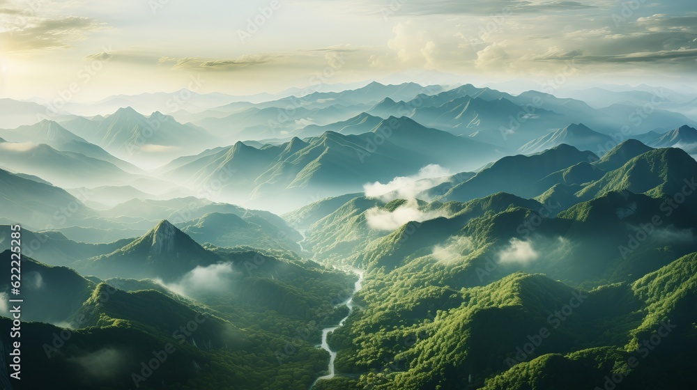 Aerial view of mountain landscape with river and clouds. Generative ai