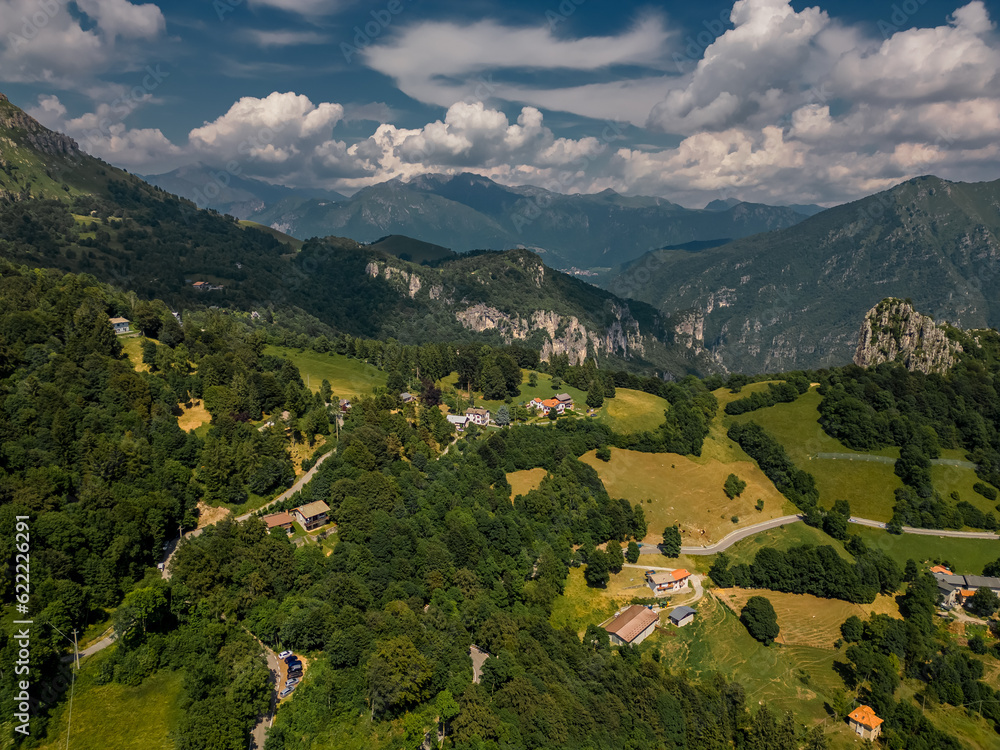 Aerial photo Mountain village in Italy, Piani dei Resinelli, Lecco. Lake Como
