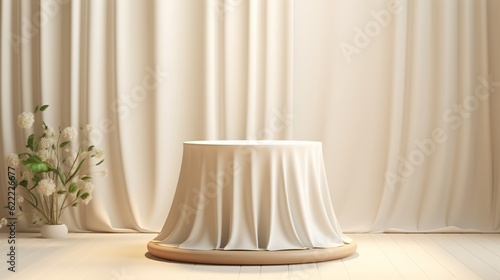 White curtain with empty table for product placement. Generative ai