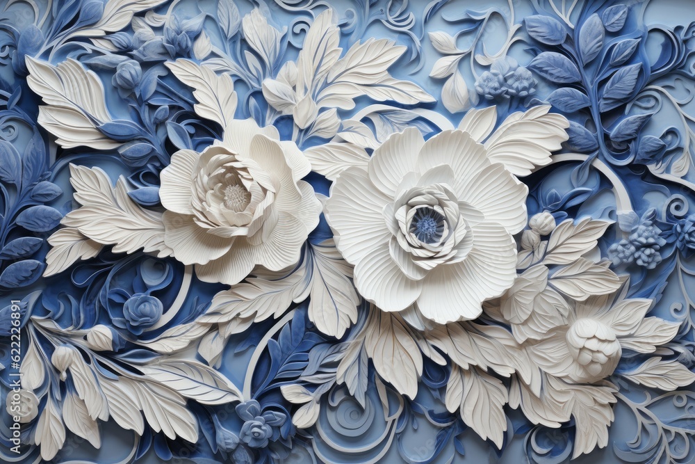 Floral ornate white blue design. Generate Ai