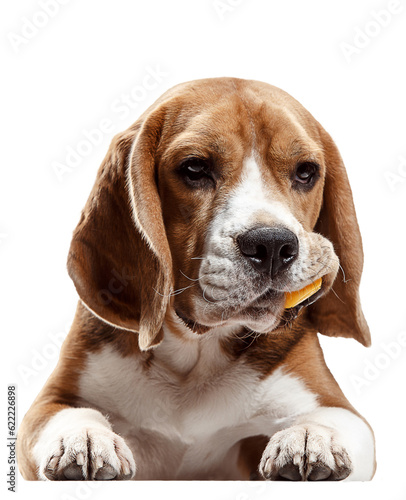 Cute, adorable little dog, puppy, beagle with toy in mouth playing isolated over transparent background. Concept of animal lifestyle, vet, care, motion, beauty, breed, action.