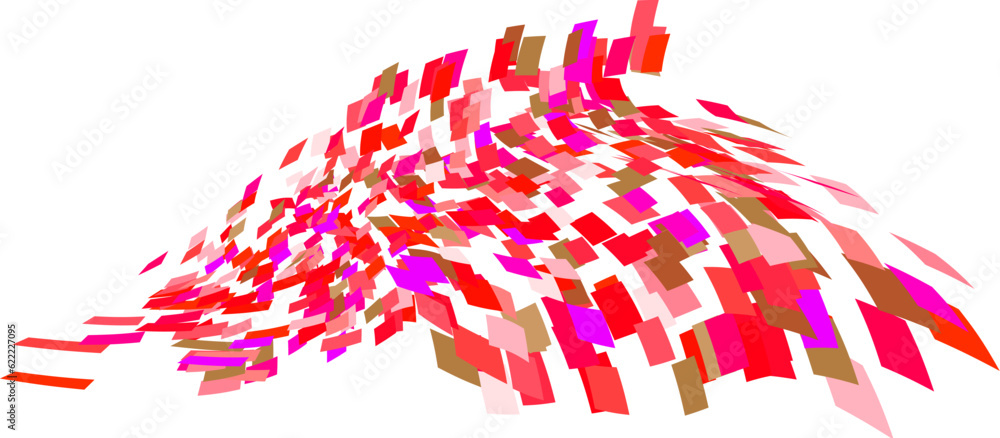 Fototapeta premium Scattered square particles ornament. Mosaic flight wind. Windy destroyed cell wall. Flight colored tiles flock direction stream.Leaf fall conditional parts single whole. Crash curved surface.