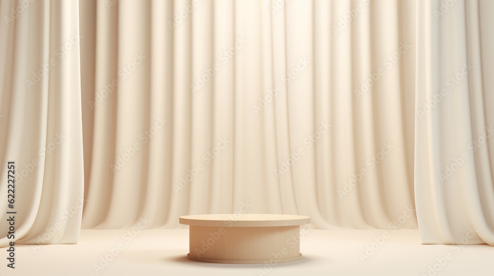 white curtains in a room with an empty table for product ads placement. Generative ai white curtains in a room with an empty table for product ads placement. Generative ai