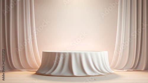 white curtains in a room with an empty table for product ads placement. Generative ai