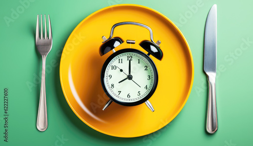 intermittent fasting diet for weight loss and well being healthy balanced eating concept background of empty plate and alarm clock. generative ai