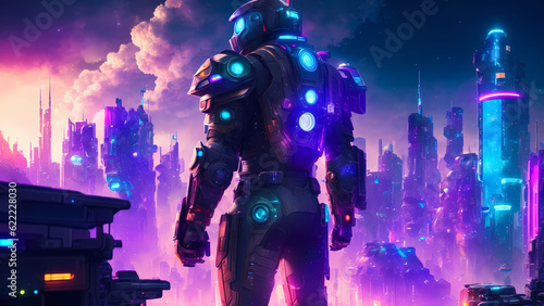 A man in metal armor in a futuristic style standing in front of a futuristic city, Generative AI
