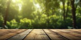 Wooden floor and blurred tree background copy space. AI Generated,