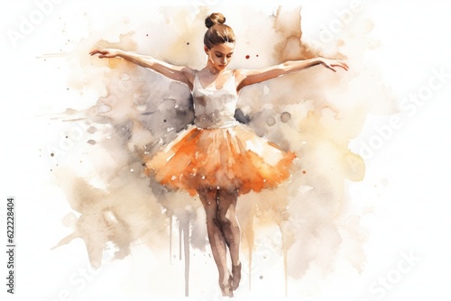 Fototapeta watercolor drawing, a ballerina in an orange dress is dancing on a light backgro
