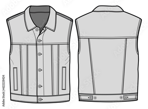 Sleeveless Racer Jacket Front and Back View. Fashion Flat Sketch Vector Illustration, CAD, Technical Drawing, Flat Drawing, Template, Mockup.