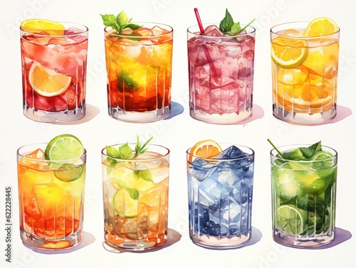 Set of cocktails, summer drinks watercolor clipart. Generative ai