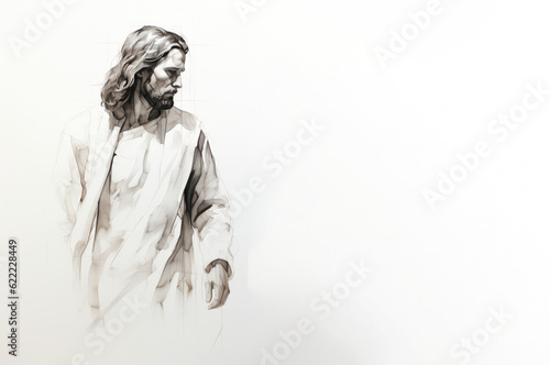 Sketch of Jesus Christ on white background with copy space photo