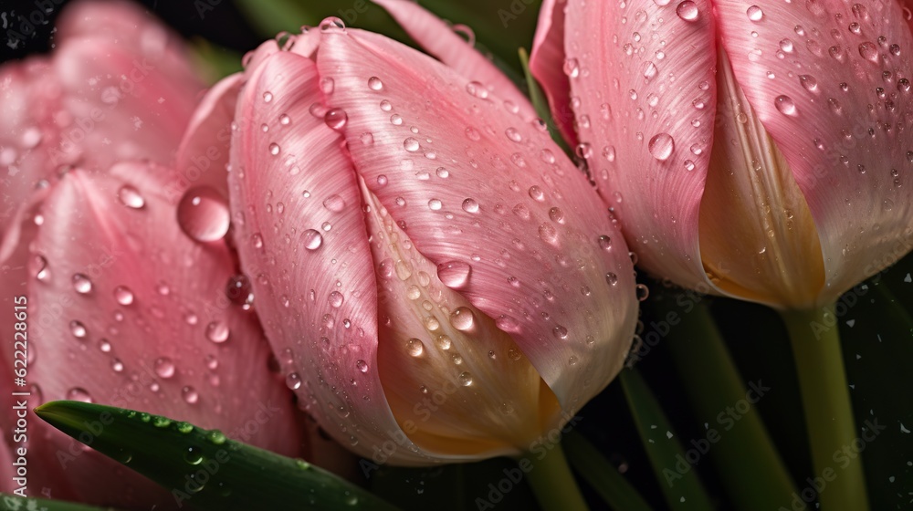 Pink Tulips flowers with water drops background. Closeup of blossom with glistening droplets. Generative AI Pink Tulips flowers with water drops background. Closeup of blossom with glistening droplets. Generative AI