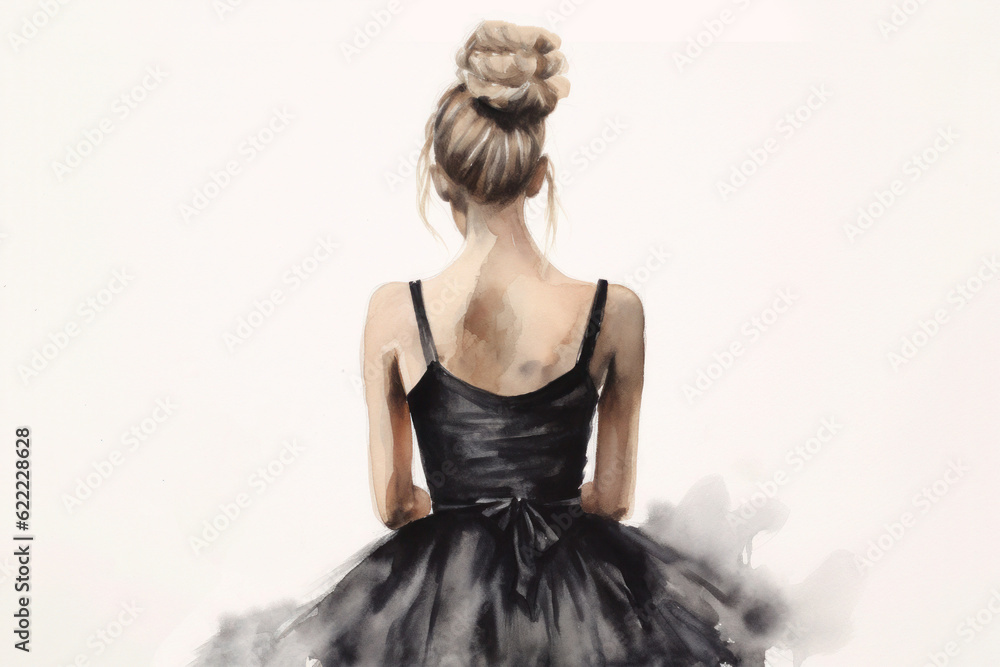 watercolor drawing, a ballerina in a black dress stands with her back against a light background, generated by AI