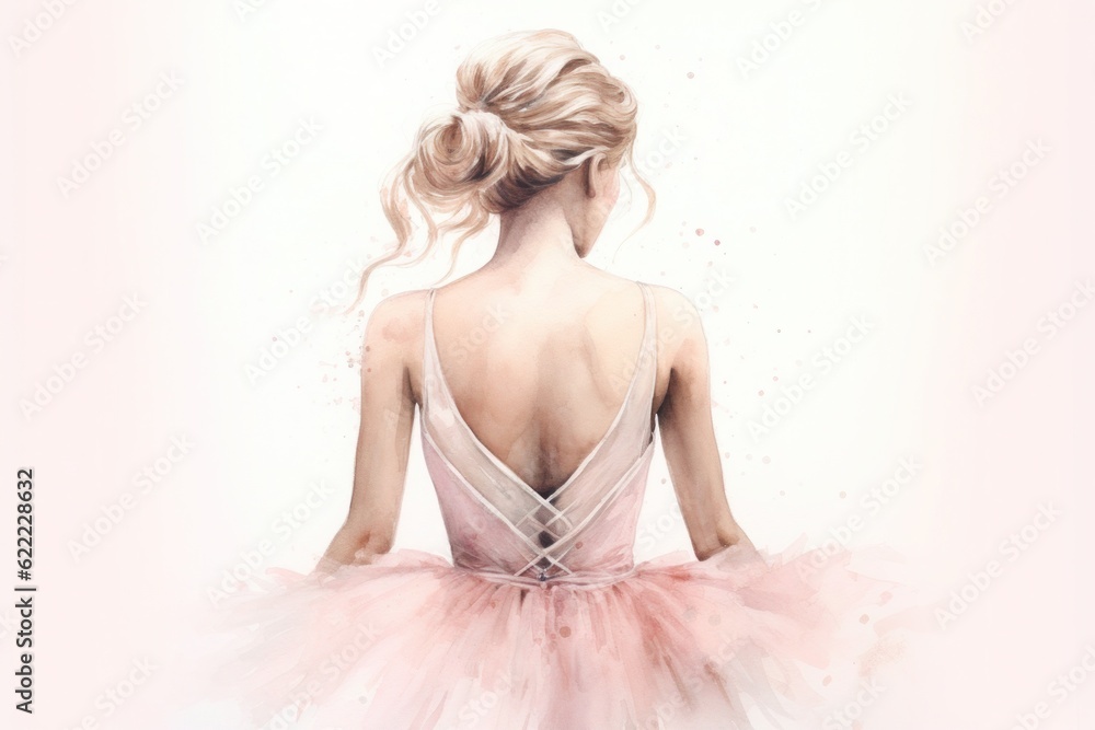watercolor drawing, a ballerina in a pink dress stands with her back against a light background, generated by AI - obrazy, fototapety, plakaty 