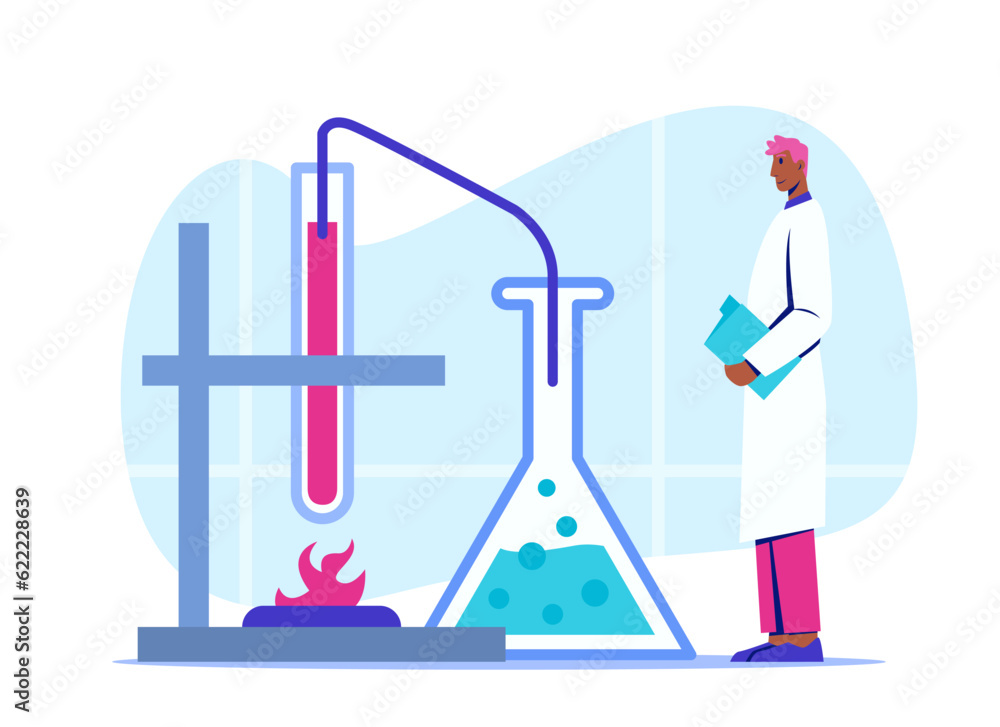 American man holding documents and checking process of test. Scientist conducting research with test tubes. Production of substances in laboratory. Flat vector illustration in blue colors American man holding documents and checking process of test. Scientist conducting research with test tubes. Production of substances in laboratory. Flat vector illustration in blue colors