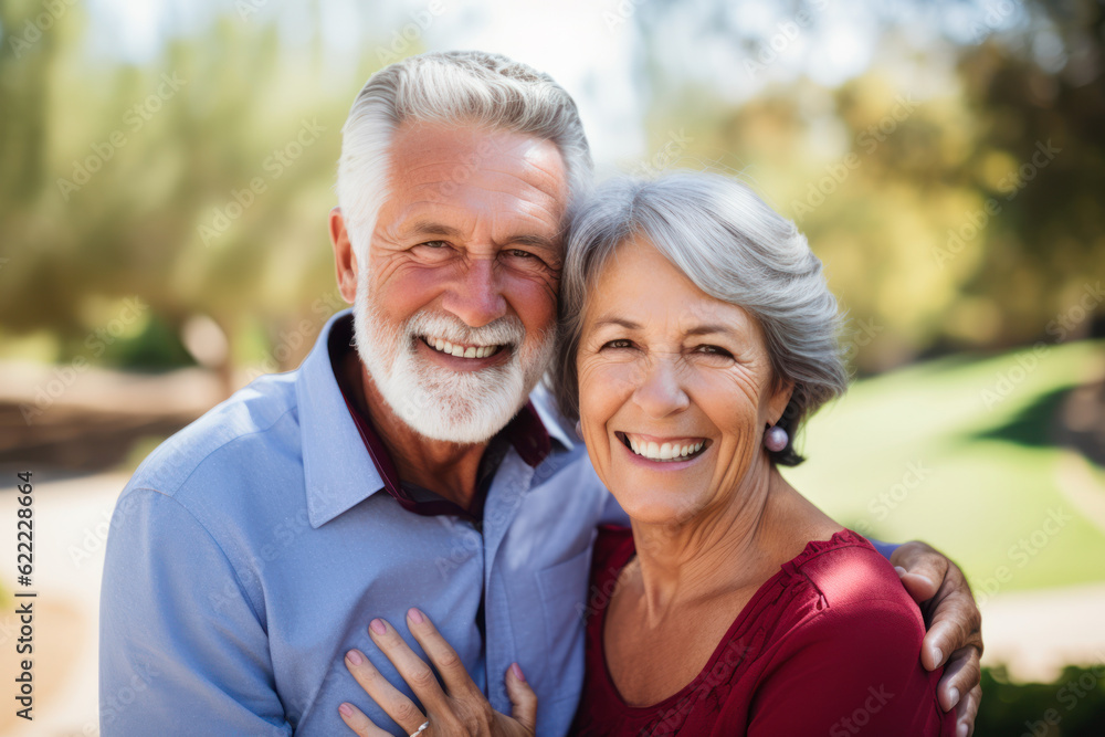 Close up of senior couple in the garden, embracing and smiling. Family enjoying time at home, lifestyle concept. AI Generative Close up of senior couple in the garden, embracing and smiling. Family enjoying time at home, lifestyle concept. AI Generative