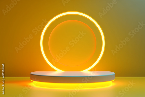 Abstract neon circle podium on yellow background 3d © alisaaa