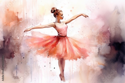Print op canvas watercolor drawing, a ballerina in a red dress is dancing on a light background,