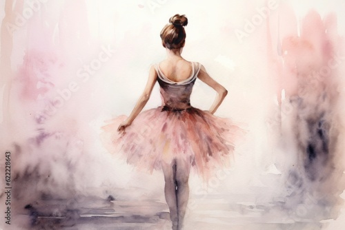Print op canvas watercolor drawing, a ballerina in a pink dress stands with her back against a l