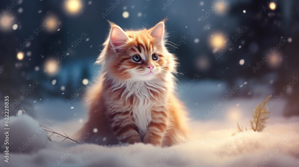 A kitten in the snow, surrounded by golden twinkling lights of garlands. Generative AI
