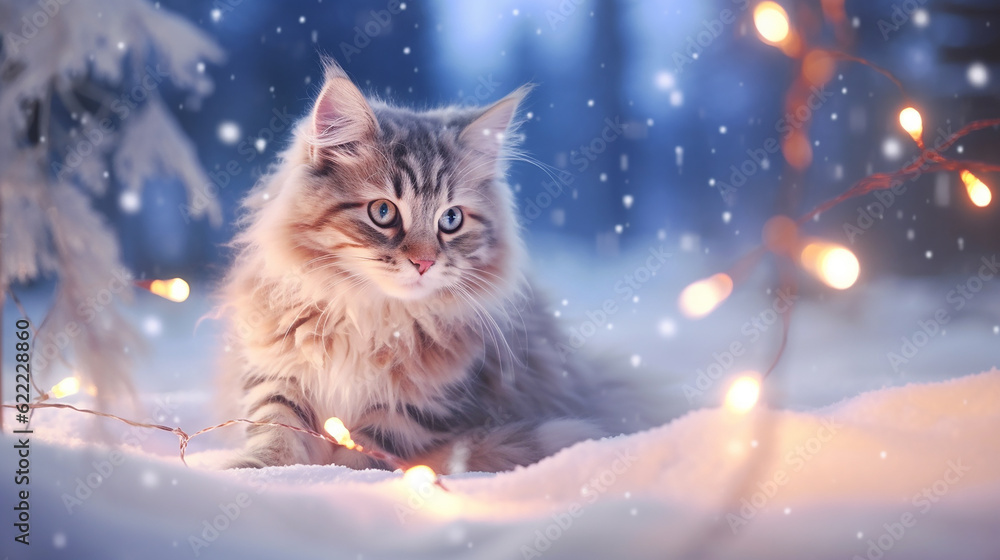 A kitten in the snow, surrounded by golden twinkling lights of garlands. Generative AI
