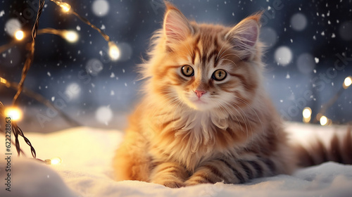 A kitten in the snow, surrounded by golden twinkling lights of garlands. Generative AI 