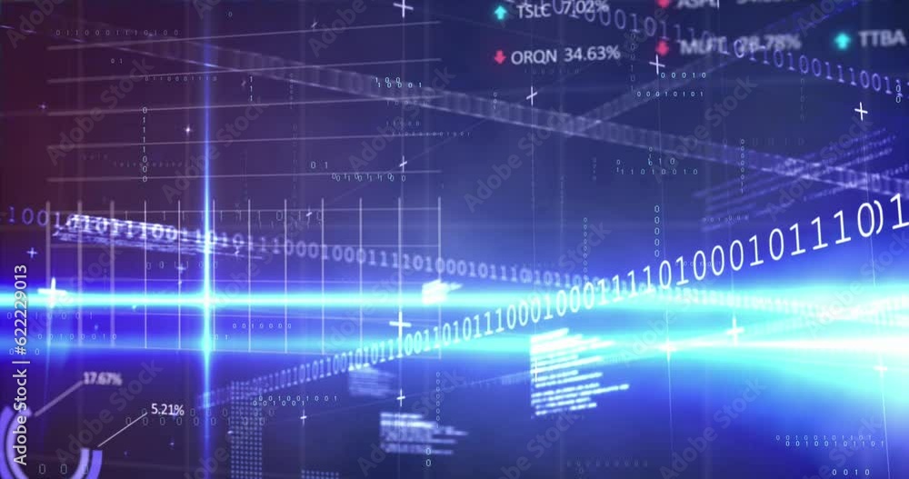 Animation of statistical and stock market data processing against light trails on blue background Animation of statistical and stock market data processing against light trails on blue background