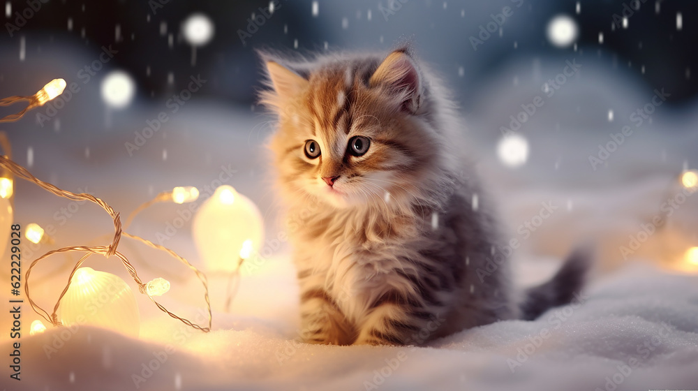 A kitten in the snow, surrounded by golden twinkling lights of garlands. Generative AI

