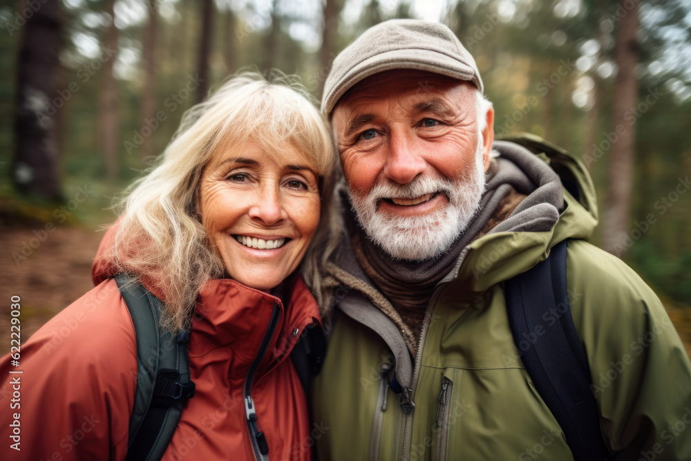 Portrait of smiling senior couple sitting with backpack in forest during summer vacation. AI Generative