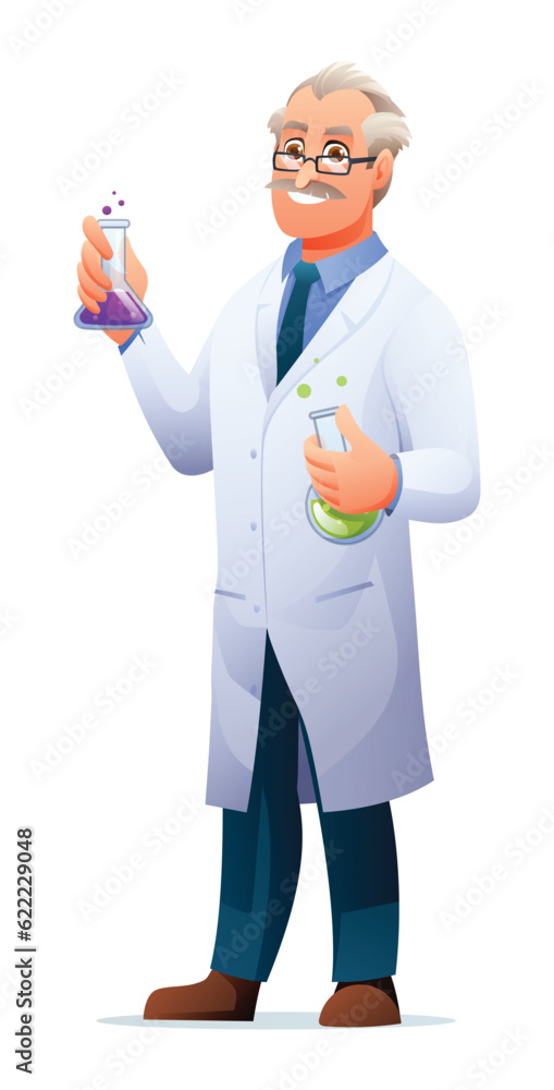 Scientist professor wearing lab coat holding test tubes. Cartoon character illustration Scientist professor wearing lab coat holding test tubes. Cartoon character illustration