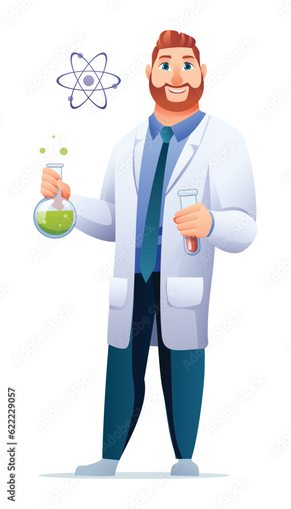 Scientist professor wearing lab coat holding test tubes. Vector cartoon character Scientist professor wearing lab coat holding test tubes. Vector cartoon character