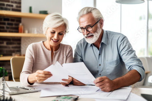 Happy old middle aged couple holding reading good news in document. AI Generative