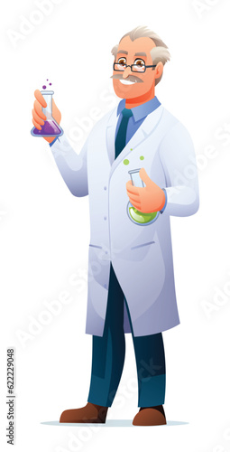 Scientist professor wearing lab coat holding test tubes. Cartoon character illustration