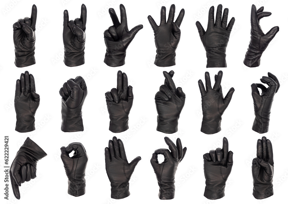 Hands wearing black leather gloves making a range of different signs and gestures isolated as a transparency Hands wearing black leather gloves making a range of different signs and gestures isolated as a transparency