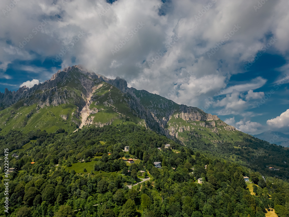 Aerial photo Mountain village in Italy, Piani dei Resinelli, Lecco. Lake Como