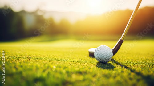 Golf club and golf ball on green grass background. Blurred backdrop. Outdoor sport on a sunny day. Generative AI