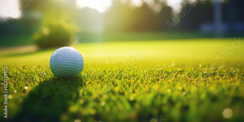 Close-up of golf ball on green grass of golf course, sunny day, blurred backdrop. Generative AI