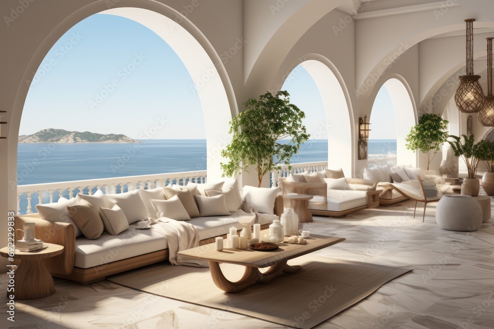 Mediterranean-Inspired indoor-outdoor area in a Greek Island Paradise. High end luxurious living room in a villa accomodation
