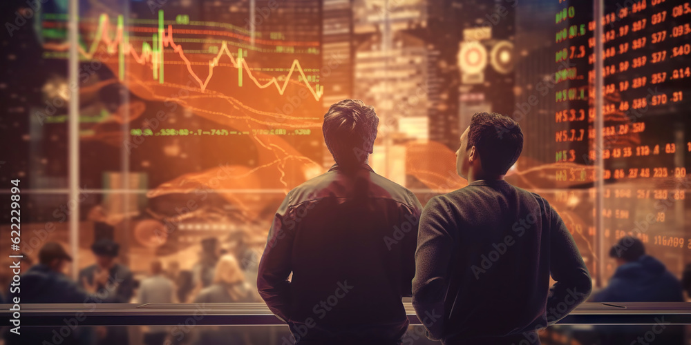 Stock traders from behind looking at financial graph on big screen. Equity or share trading concept. Generative AI Stock traders from behind looking at financial graph on big screen. Equity or share trading concept. Generative AI