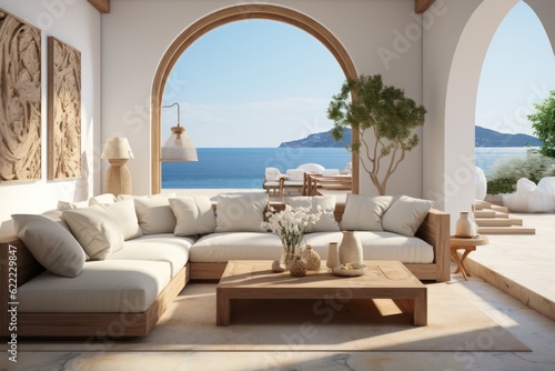 Mediterranean-Inspired indoor-outdoor area in a Greek Island Paradise. High end luxurious living room in a villa accomodation © aboutmomentsimages