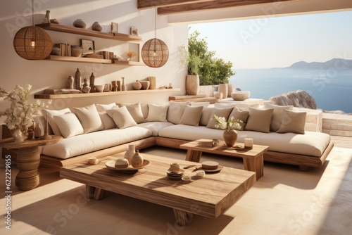 Mediterranean-Inspired indoor-outdoor area in a Greek Island Paradise. High end luxurious living room in a villa accomodation