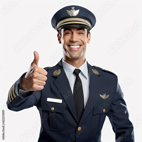 Cheerful airline pilot wearing uniform with epaulets showing thumb up gesture of approval, standing isolated on white background.