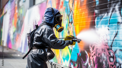 Cleaner worker washing graffiti wall, graffiti remover,  vandalism, street art problem. Colorful Ai generated art